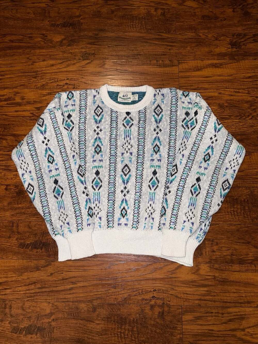 417 by Van Heusen Vintage 1990s Geometric Knit Crewneck Sweater Size L White